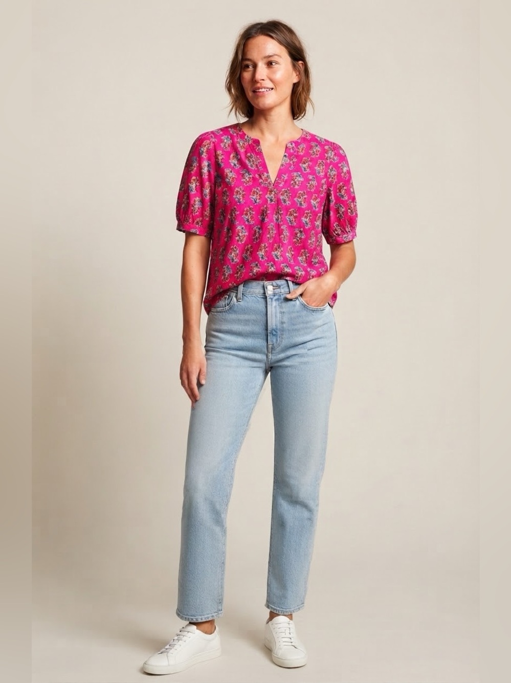 J.Crew Pink Floral V-Neck Puff Sleeve Cotton Blouse Top Boho Romantic Women’s XL